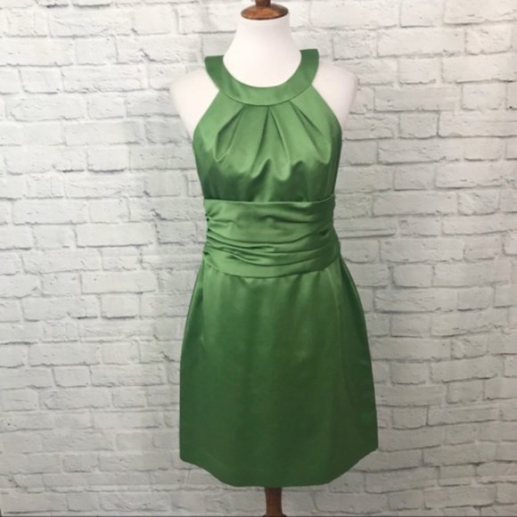 David’s Bridal Green Satin Ruched Halter Dress - Picture 1 of 4